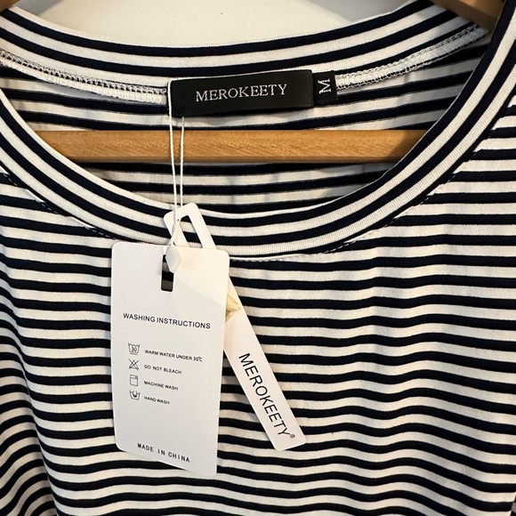 Merokeety T-shirt Dress w/pockets/wrap belt-Stripes midi length women’s NWT blue - Picture 3 of 8